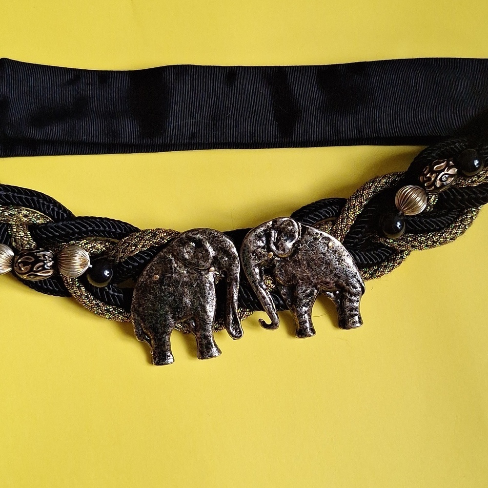 Vintage Carolyn Tanner Elephant Statement Belt – Black & Gold Braided Adjustable